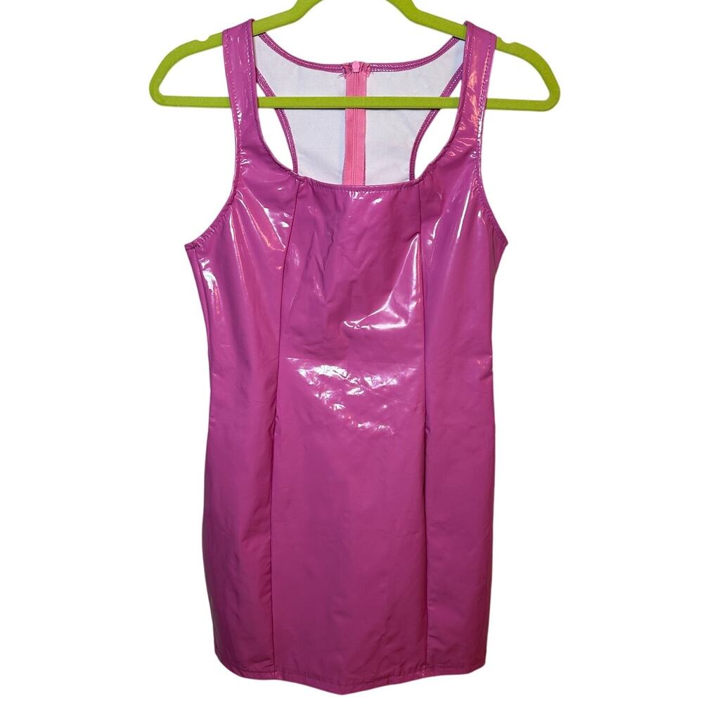 Y2K Pink Vinyl Mini Dress – Patent Leather Look – Size XS/S